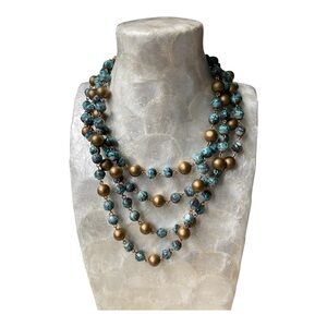 Vintage glass bead bronze turquoise Pearl multi strand necklace tiered